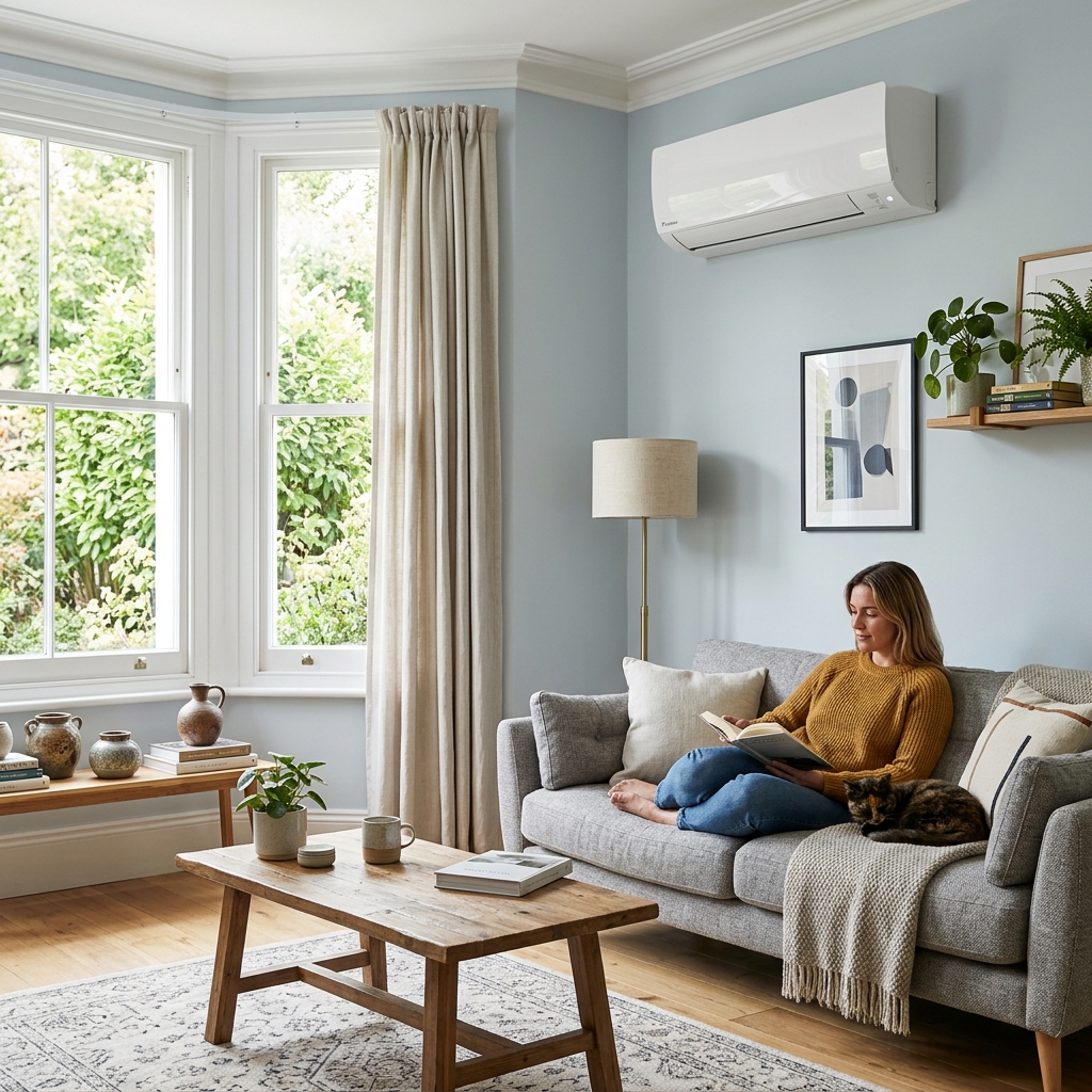 Modern wall-mounted air conditioning unit in a comfortable British living room