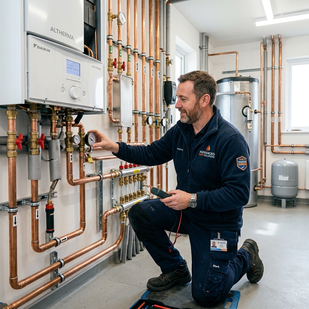 Heating engineer inspecting a heat pump installation with copper pipework
