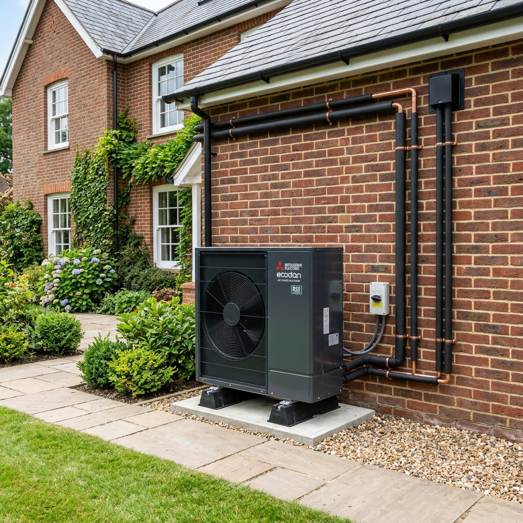 Air source heat pump installed outside a Kent home with tidy pipework