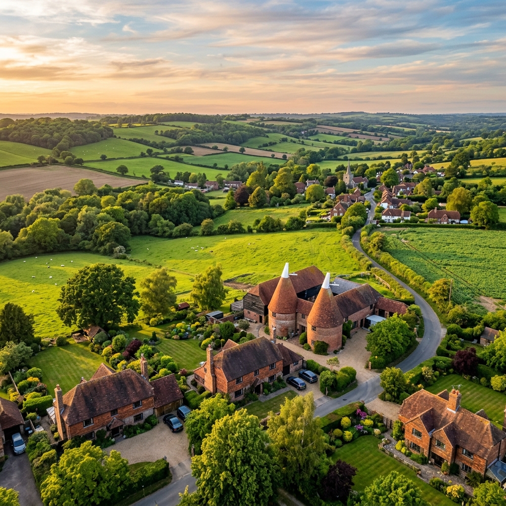 Aerial view of Kent countryside with traditional homes